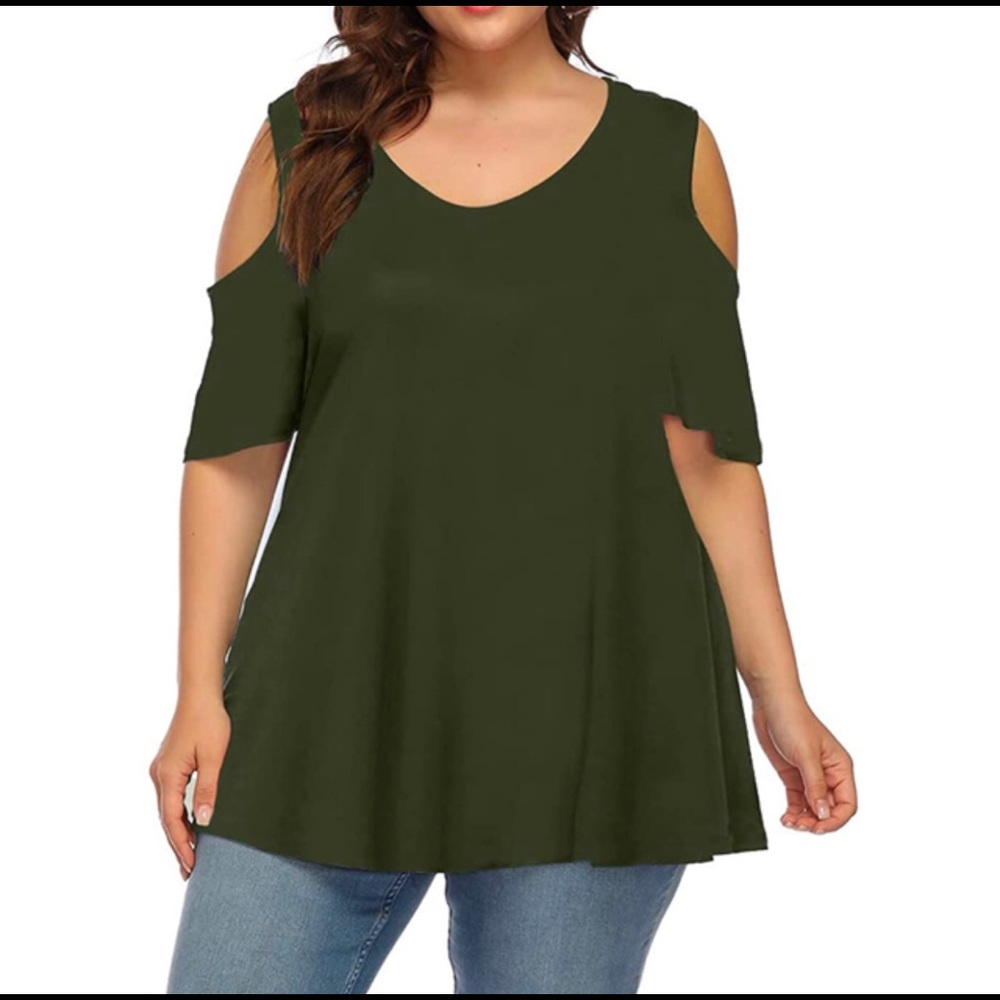 Allegrace Cold Shoulder Plus Size Top - Solid Army Green 4X